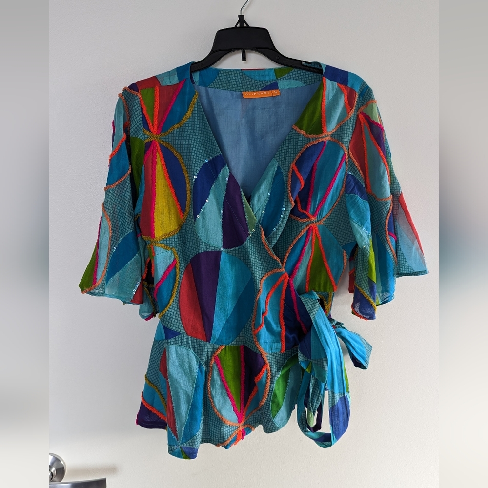 Oliphant blue patterned textures wrap top medium